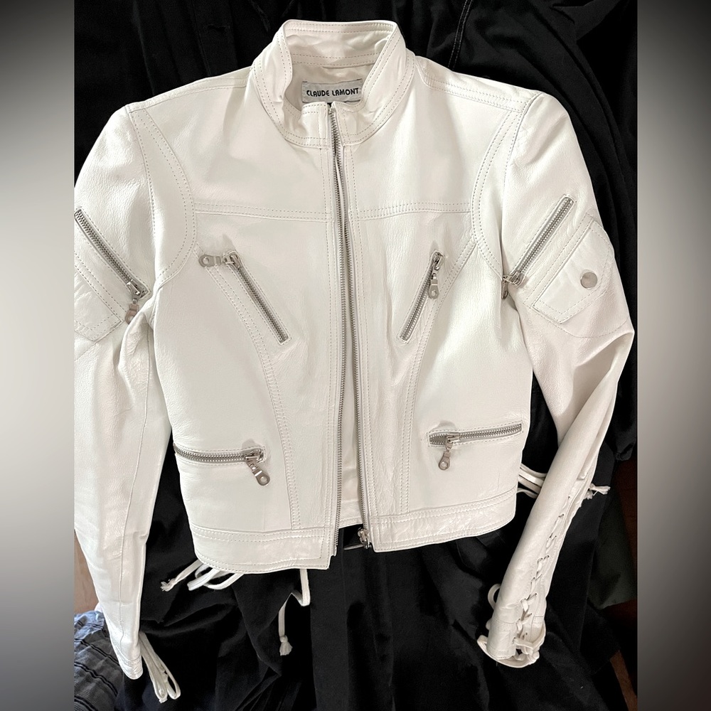 White buttery leather cropped moto jacket, size XS